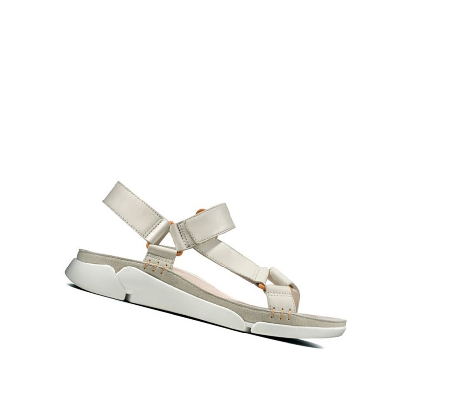 Clarks Tri Sportliche Leder,Wildleder Flache Sandalen Damen Weiß | YRFC75024