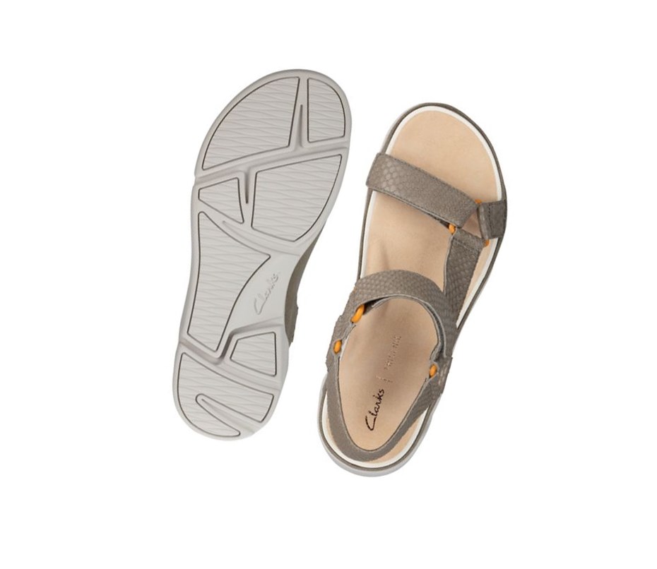 Clarks Tri Sportliche Wildleder Flache Sandalen Damen Olivgrün Schlangenoptik | PXTM02491