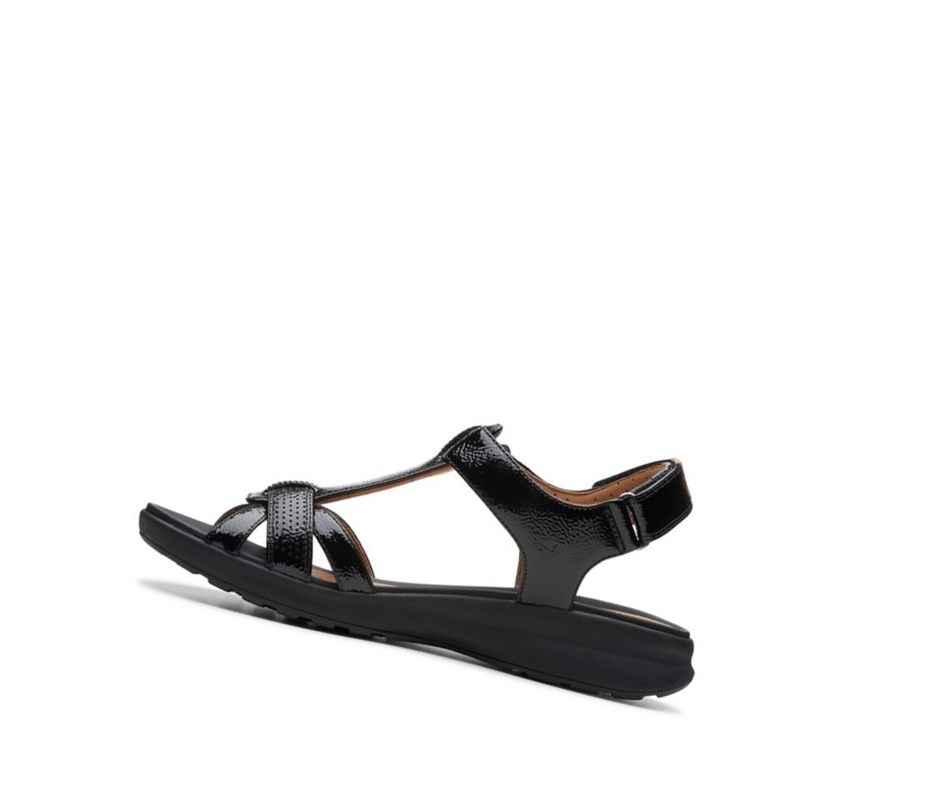 Clarks Un Adorn Vibe Lack Leder Flache Sandalen Damen Schwarz | ZKJV57380