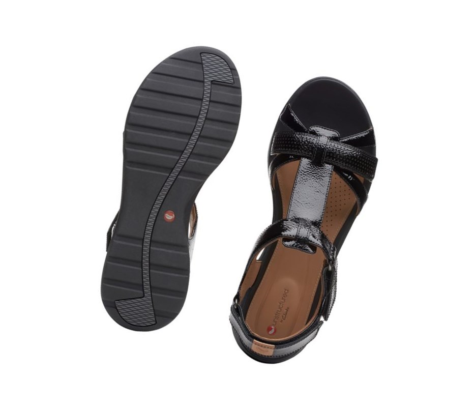 Clarks Un Adorn Vibe Lack Leder Flache Sandalen Damen Schwarz | ZKJV57380
