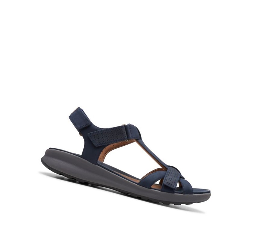 Clarks Un Adorn Vibe Nubuck Leder Flache Sandalen Damen Navy | MYLJ95230