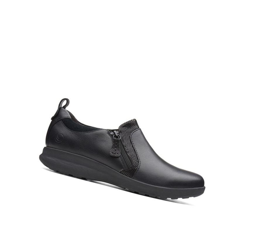 Clarks Un Adorn Zip Leder Weite Fit Lederschuhe Damen Schwarz | GDOS74238