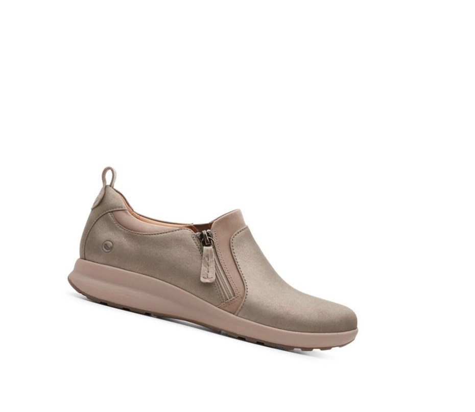 Clarks Un Adorn Zip Leder Weite Fit Lederschuhe Damen Beige | PIQW24376