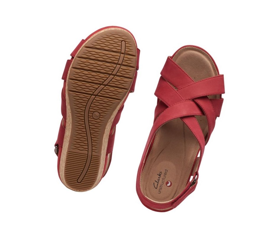 Clarks Un Capri Step Nubuck Wildleder Keilabsatz Sandalen Damen Rot | UBHF15870