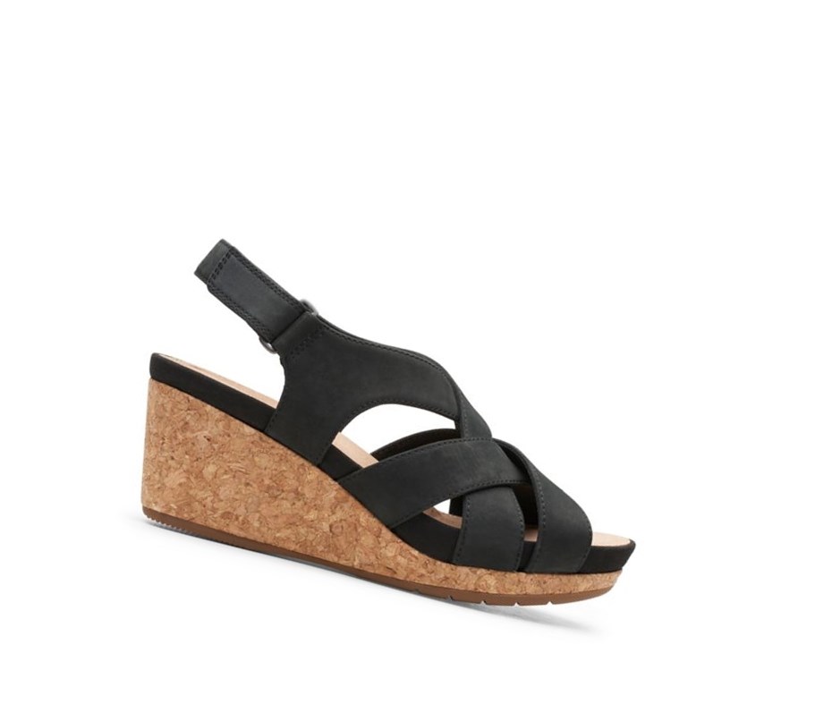Clarks Un Capri Step Nubuck Wildleder Keilabsatz Sandalen Damen Schwarz | VJLE87926