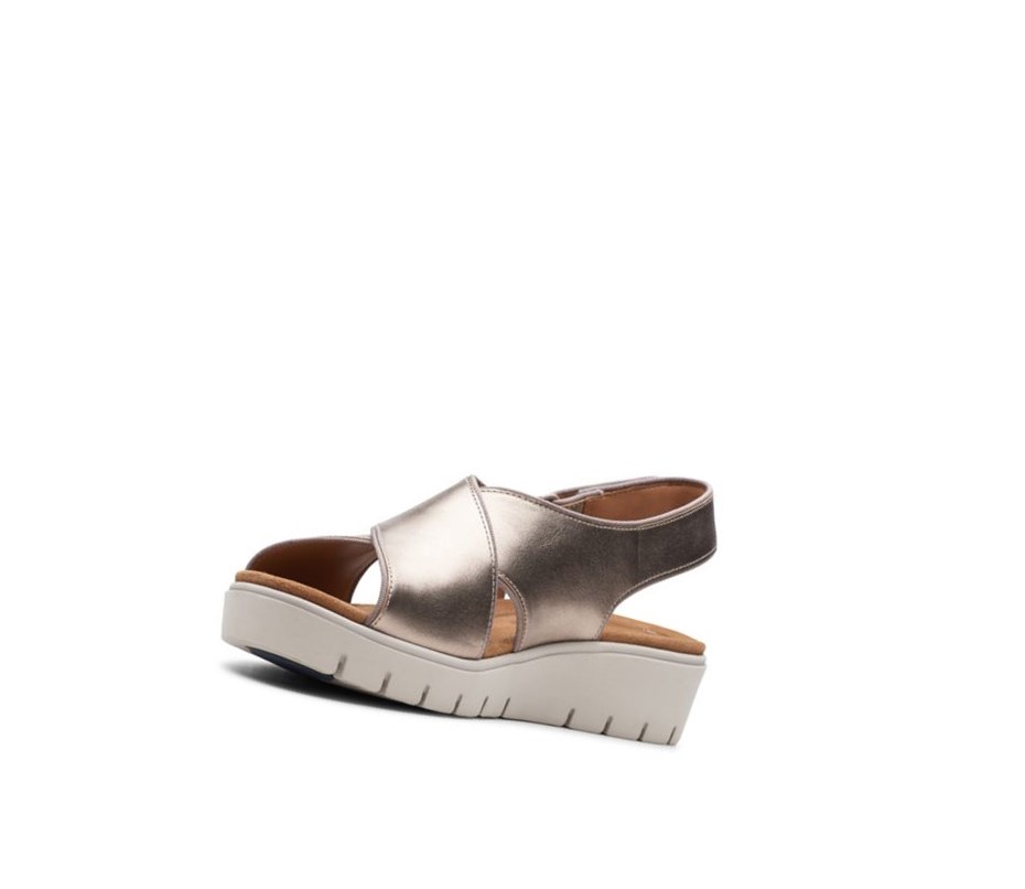 Clarks Un Karely Sun Leder Keilabsatz Sandalen Damen Gold Metal | VXDF01473