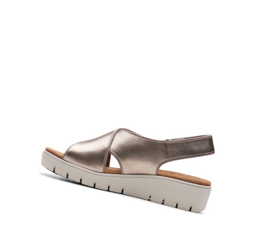 Clarks Un Karely Sun Leder Keilabsatz Sandalen Damen Gold Metal | VXDF01473
