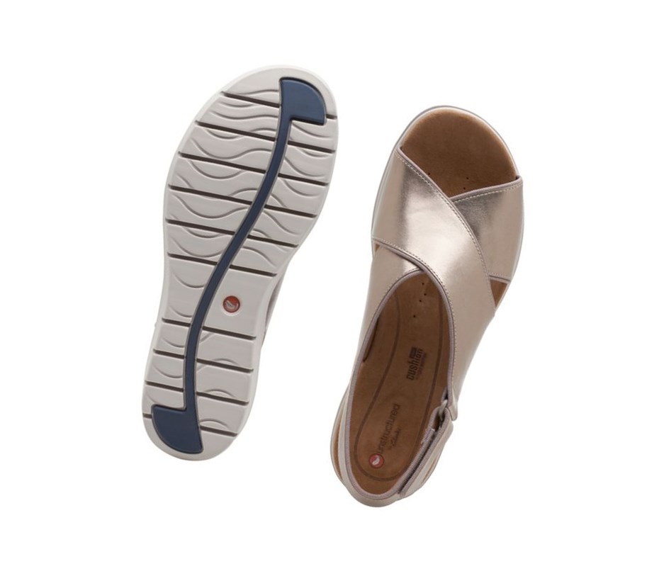 Clarks Un Karely Sun Leder Keilabsatz Sandalen Damen Gold Metal | VXDF01473