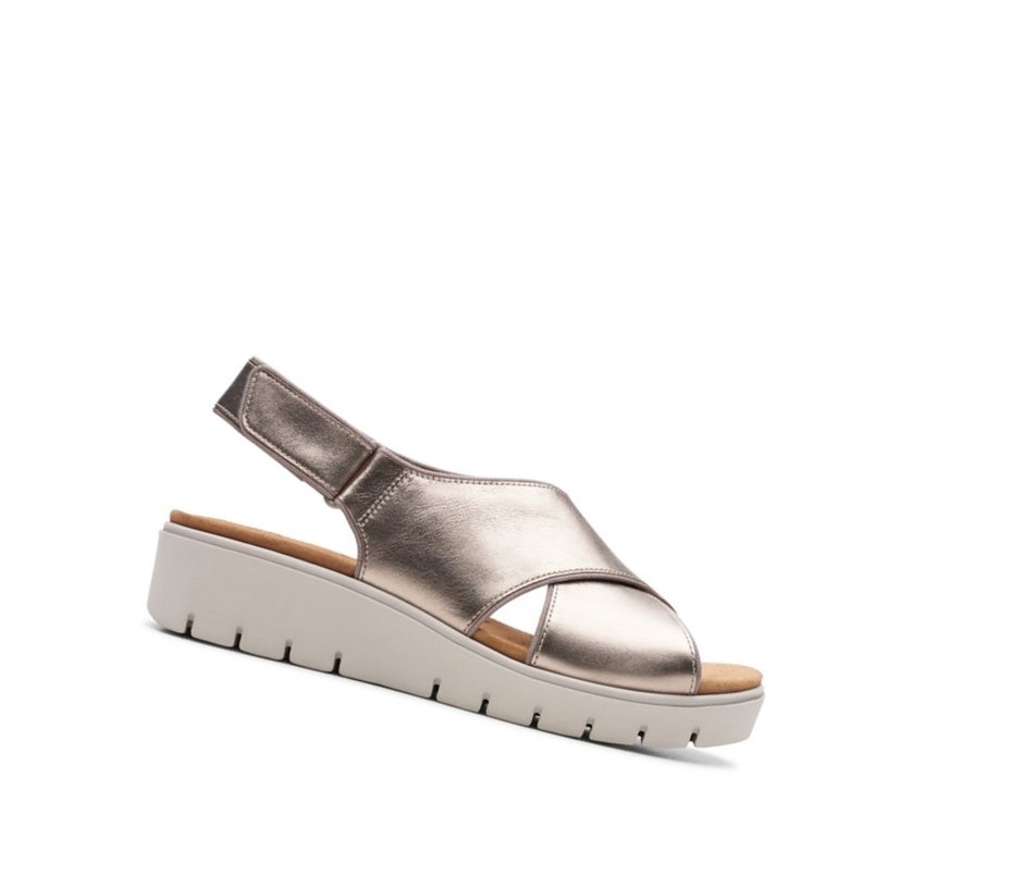 Clarks Un Karely Sun Leder Keilabsatz Sandalen Damen Gold Metal | VXDF01473